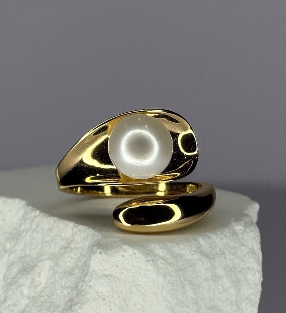 925 Sterling Silver Gold Plated Pearl Ring Size Adjustable